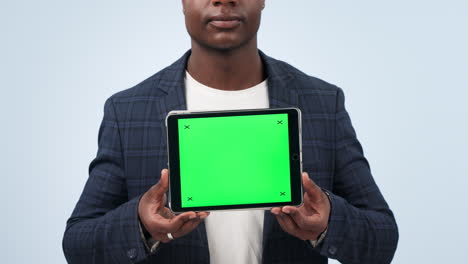 businessman, hands and tablet with green screen