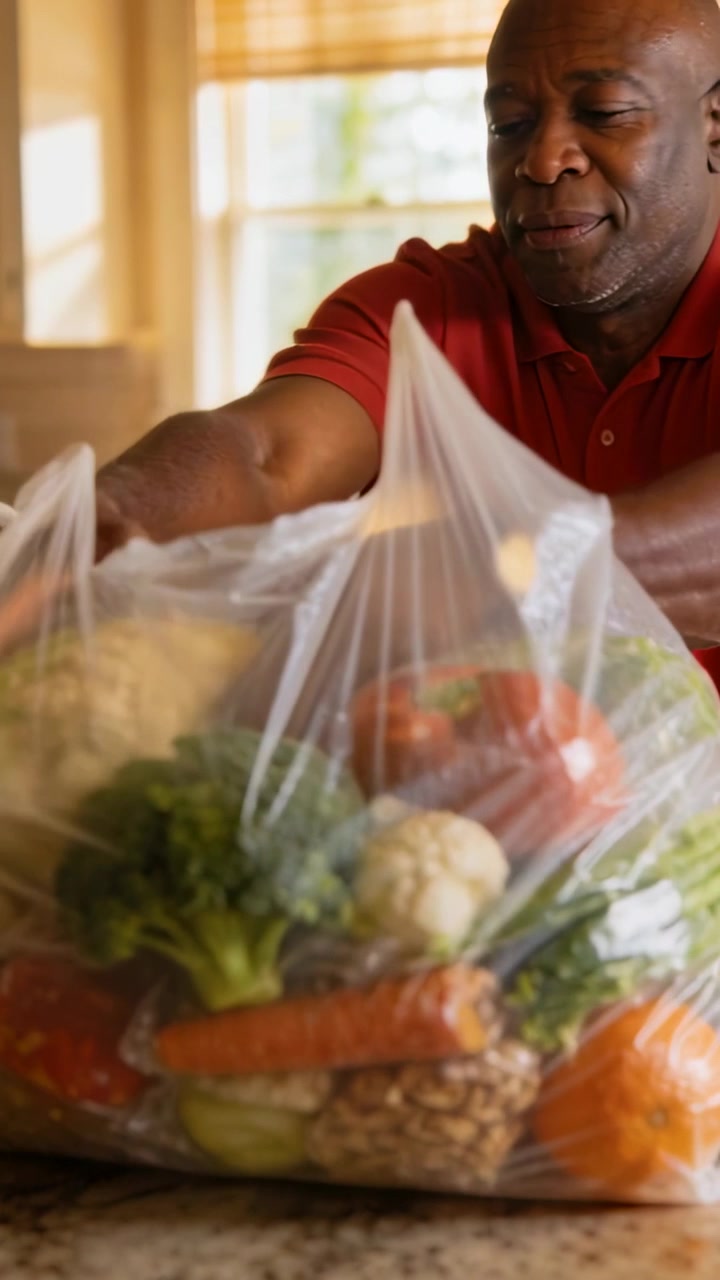 Vertical video: Placing clear bag on kitchen counter, man in red polo unpacking produce for storage