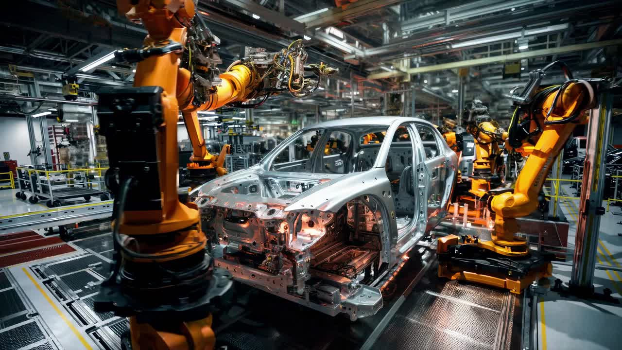 High-angle video of robotic arms assembling a car in a modern factory, showcasing advanced