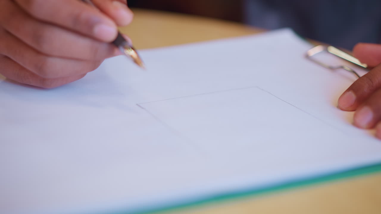 Close-up of male hands drawing straight lines on white paper using ballpoint pen, showing focused precision and intent, suggesting technical sketch, planning, or conceptual design in calm indoor setting