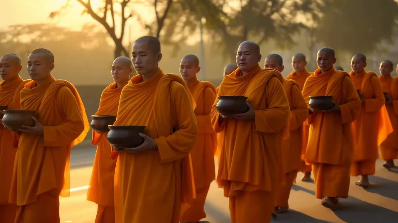 日出時分，亞洲佛教僧侶穿著袈裟在寧靜鄉村托缽化緣的隊伍，沐浴在黃金時段的光芒中。