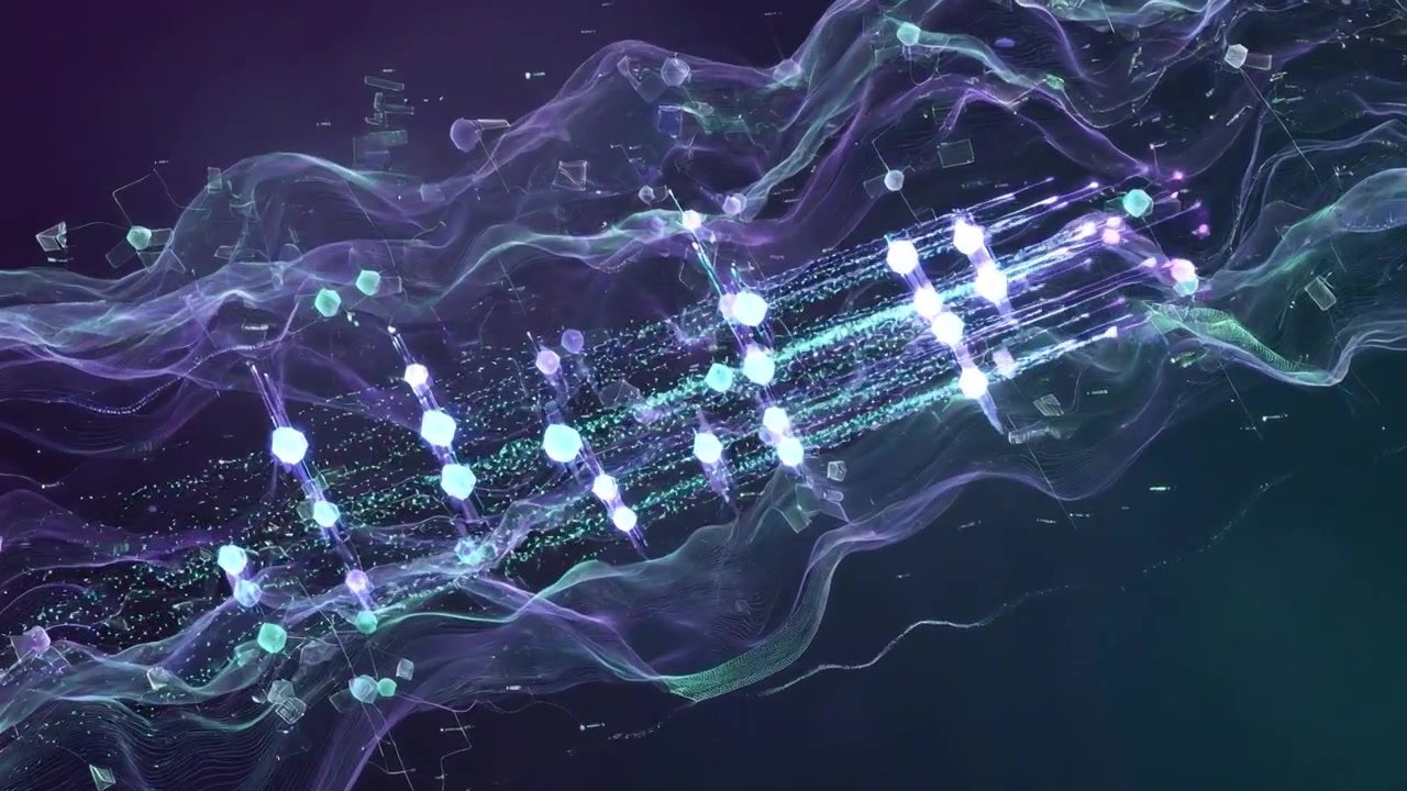Abstract Digital Data Flow with Glowing Particles and Geometric Shapes