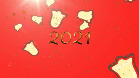 yellow spots and christmas bell icons falling against 2021 text and spot of light on red background