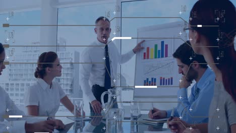 animation of glitch and graphs over diverse businesspeople in office