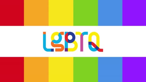 animation of lgbtq text over rainbow stripes background