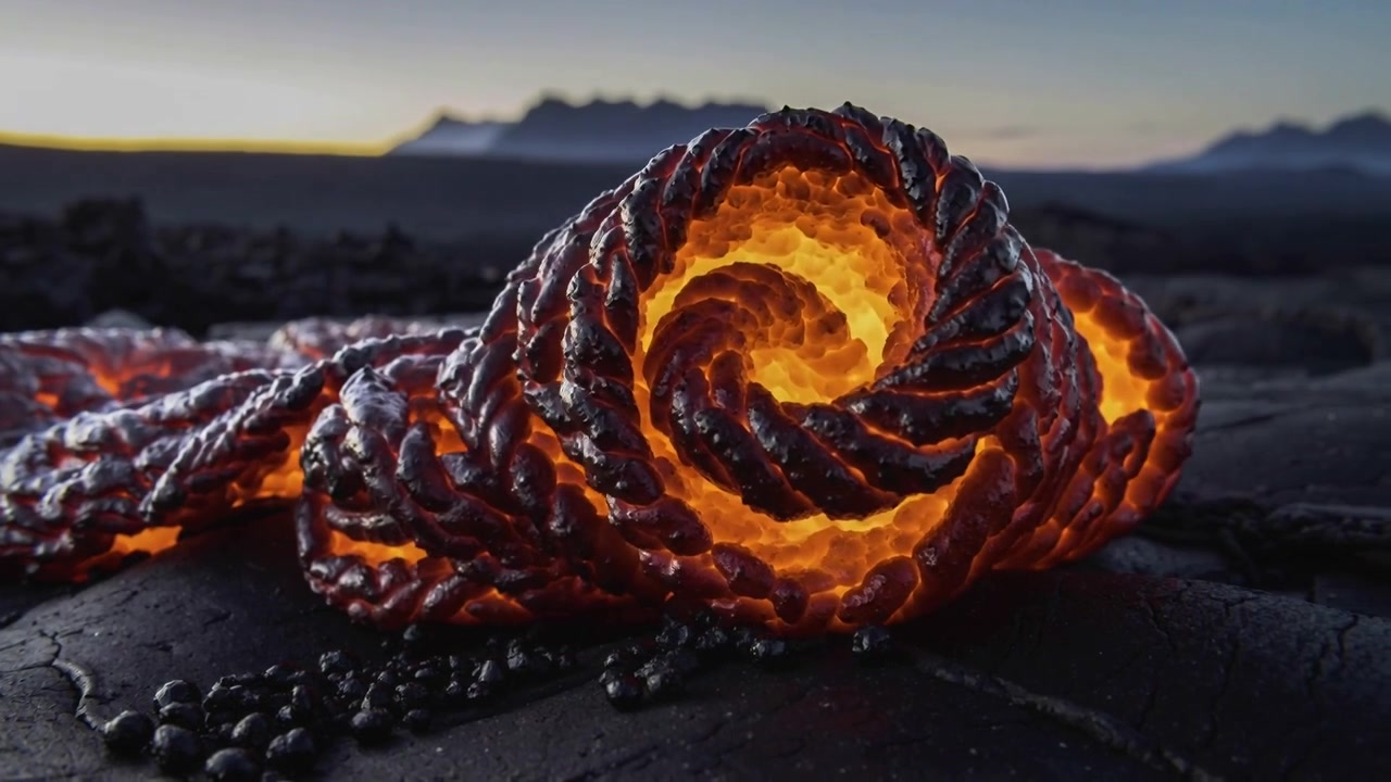 Rullar ut lavaspiral driven av magma som avslöjar en glödande kärna på en sprucken lavaplatå, med slagg.
