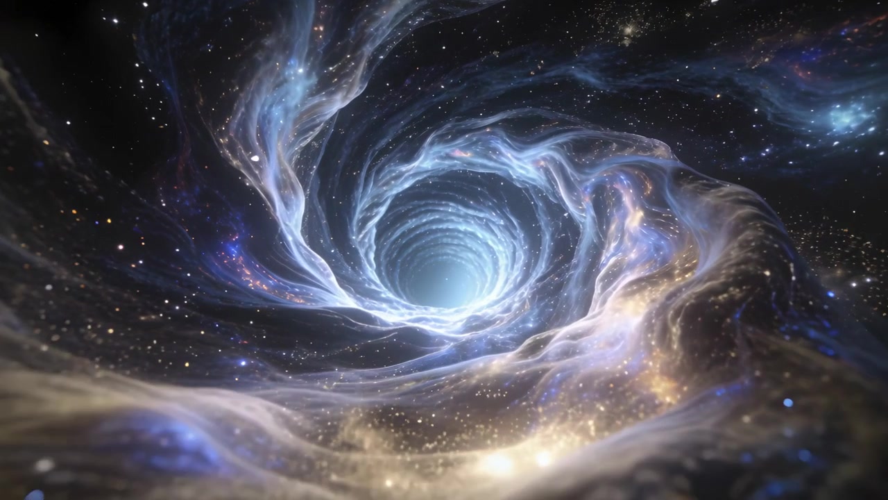 Advancing perspective showing spiral vortex drawing nebula ribbons toward bright throat, space dust