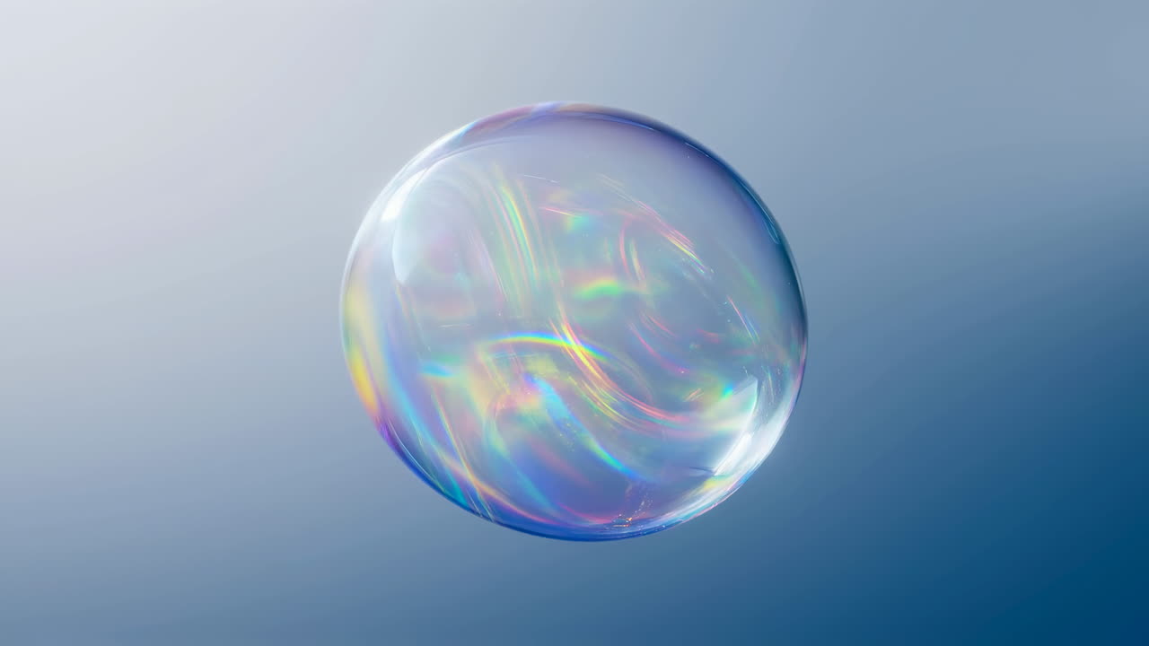 Iridescent Bubble Floating Over Soft Blue Gradient, Delicate Spherical Film Reflecting Rainbow Highlights