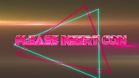 animation of please insert coin text and shapes over light trails on black background