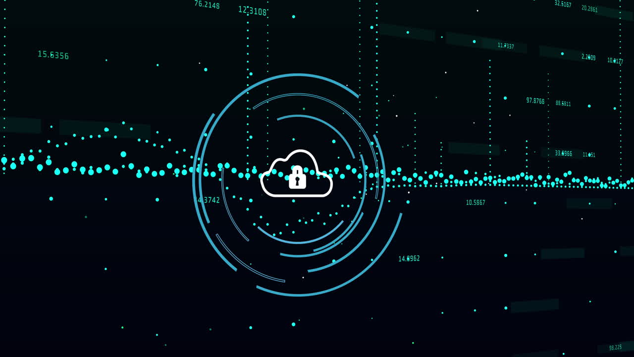 Animation of security padlock and cloud icon and data processing against black background