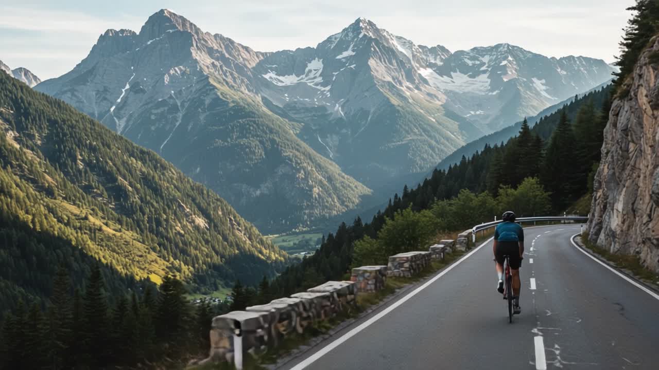 A Cyclist Navigates Serene Mountain Roads Surrounded by Majestic Peaks and Lush Greenery, Capturing the Essence of Adventure in Nature's Embrace