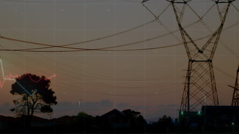 high-voltage transmission tower rising on right, carrying power lines stretching with graph overlay