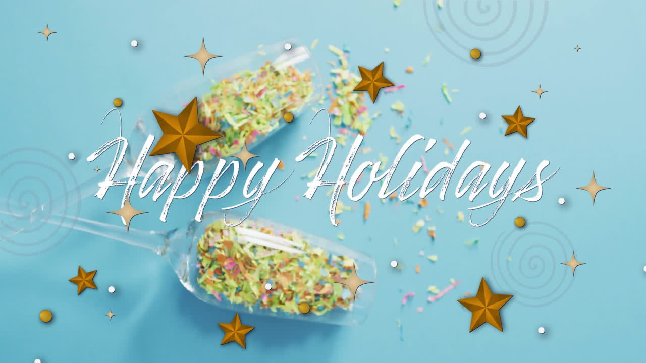 Animation of happy holidays text over stars and confetti