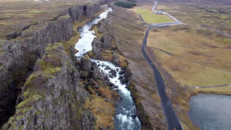 Canyon-National-Park-Thingvellir,-Iceland-bird's-eye-view,-autumn-day