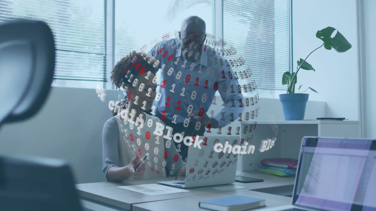 Man leaning over woman laptop and initiating blockchain sphere as woman taking notes collaborating