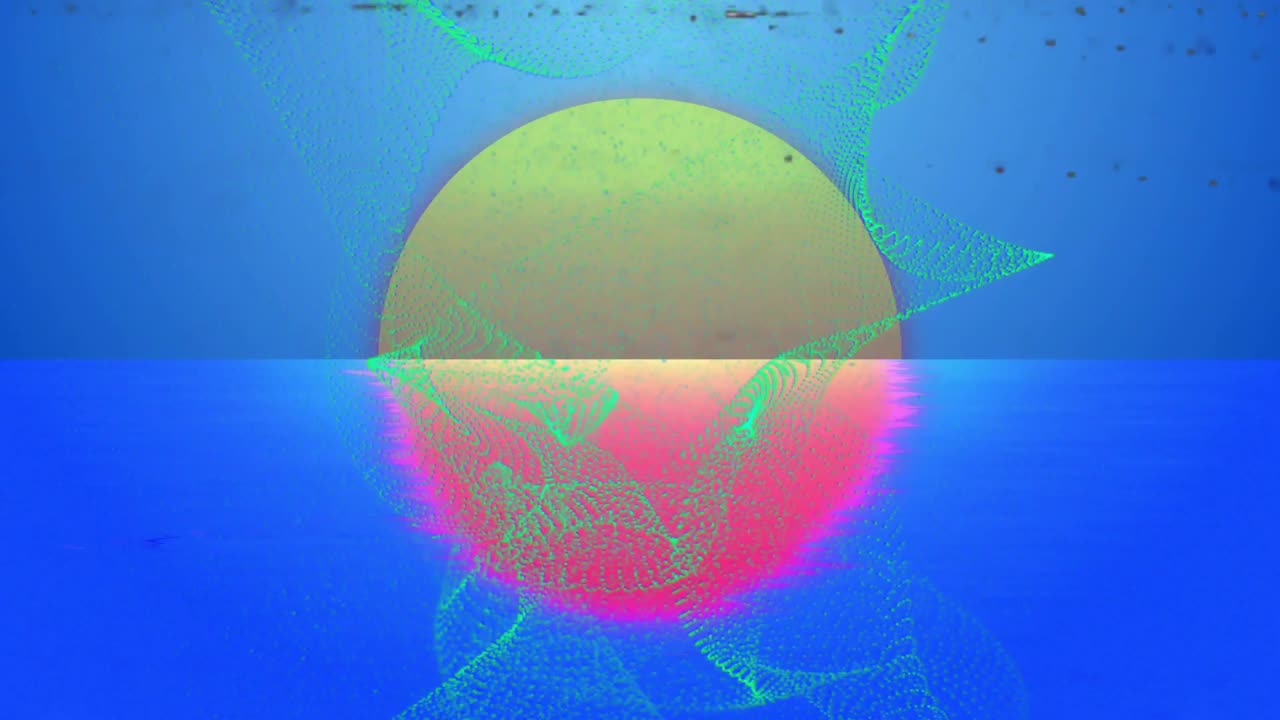 Digital glitch fading flickering, revealing orange orb with neon green ribbons swirling over sea