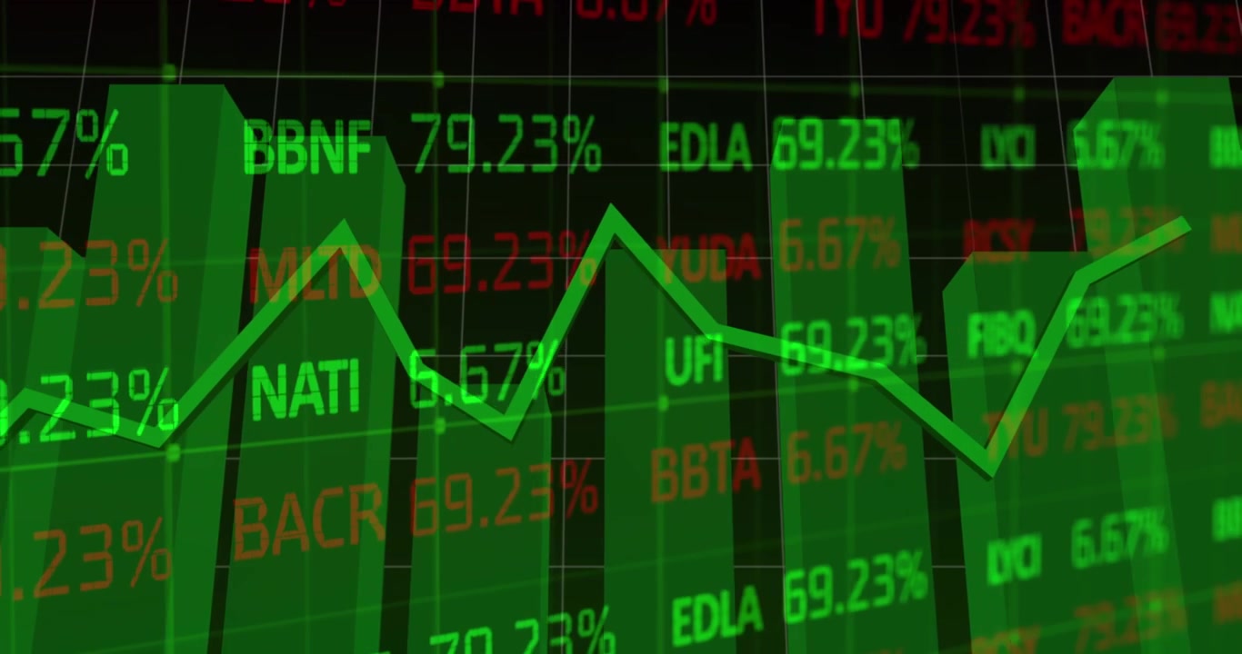 Display digitale di dati del mercato azionario con grafici finanziari fluttuanti