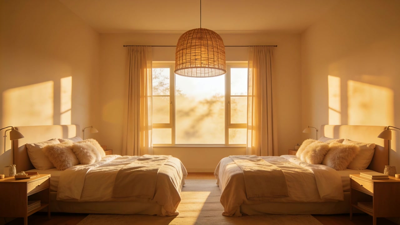 Luce solare che si sposta attraverso una finestra a tre ante in camera da letto, con l'angolo del sole che muove le ombre su due letti e una lampada.