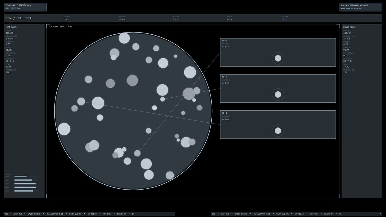 A blue sci fi biotech interface element showing cell detail analysis with changing data metrics, ROI panels, and a central scanning circle. Loops seamlessly as an overlay