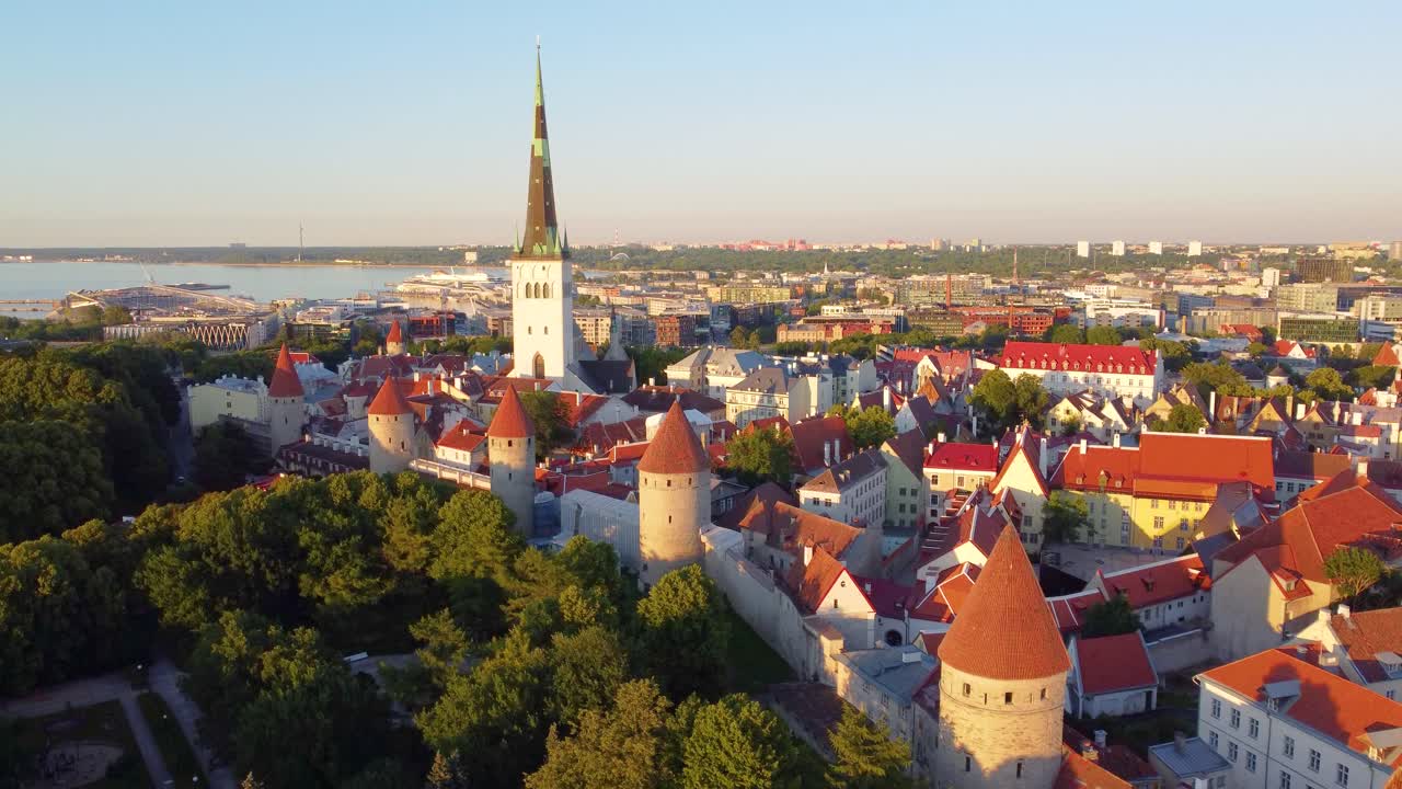 St. Olaf church tower and panoramic view of Tallinn oldtown, aerial view