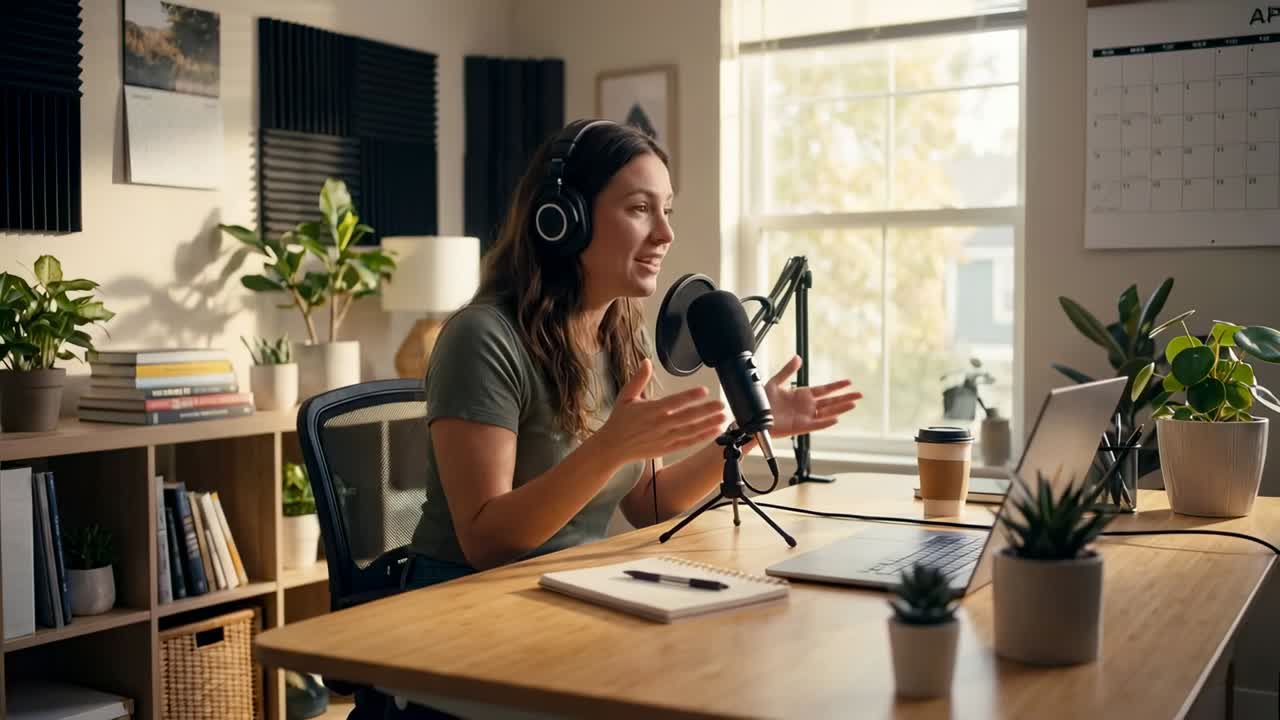 Recording podcast, woman host in olive tee speaking into boom mic at home studio, checking laptop