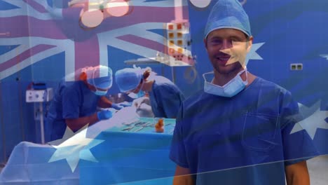 Animation-of-flag-of-australia-waving-over-surgeons-in-operating-theatre