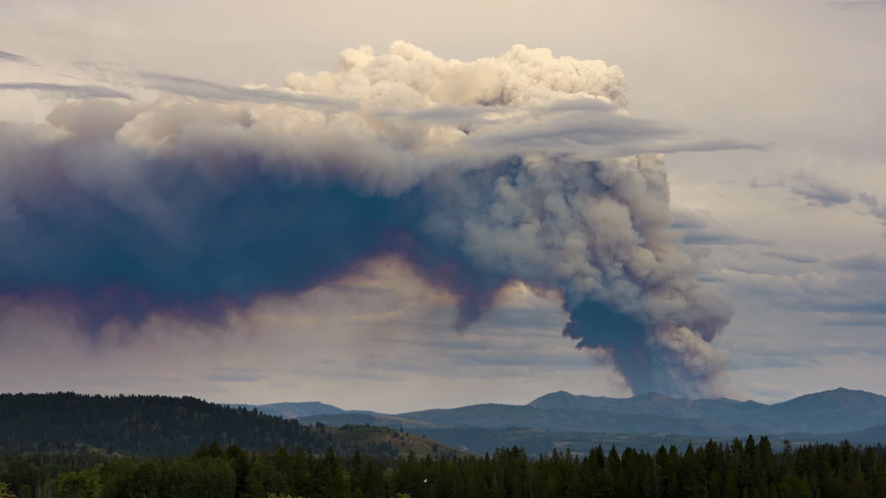 Large Smoke Plume from a Wildfire Over a Mountainous Forest
