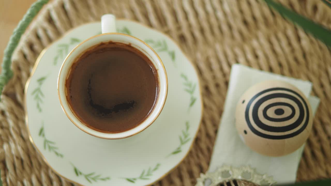 Overhead View of Traditional Turkish Coffee on a Woven Tray