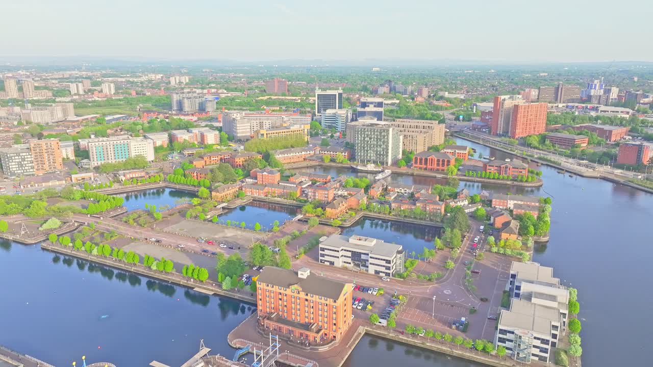 Aerial View Of Media City UK, Waterside Media Hub Site On Salford Quays, Greater Manchester