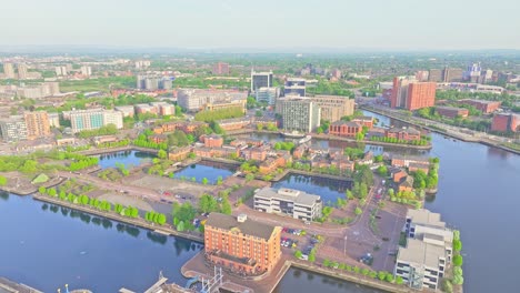 aerial view of media city uk, waterside media hub site on salford quays, greater manchester
