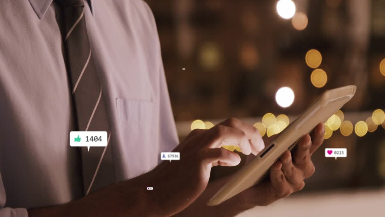 Tapping tablet man swiping as badges appearing growing floating counts rising showing engagement