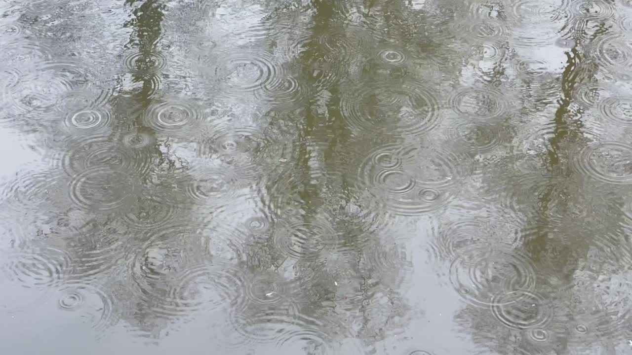 Abstract footage of reflection on water in puddle at rainy weather, reflective surface the water, micro waves, water texture, nobody
