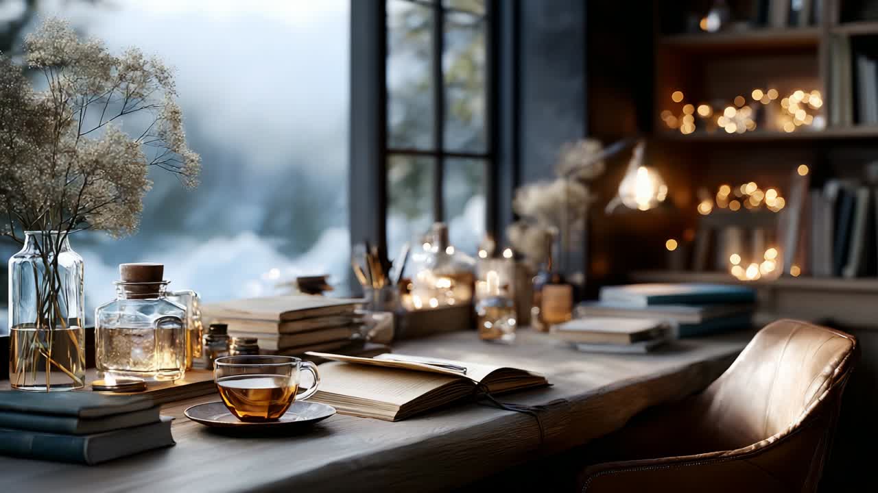A Cozy Study Scene Featuring a Warm Cup of Tea or Coffee, A Wooden Desk Dressed with Books and Decorative Glass Jars, Complemented by Soft Natural Light Filtering Through Window Panes with Wistful Scenic Views