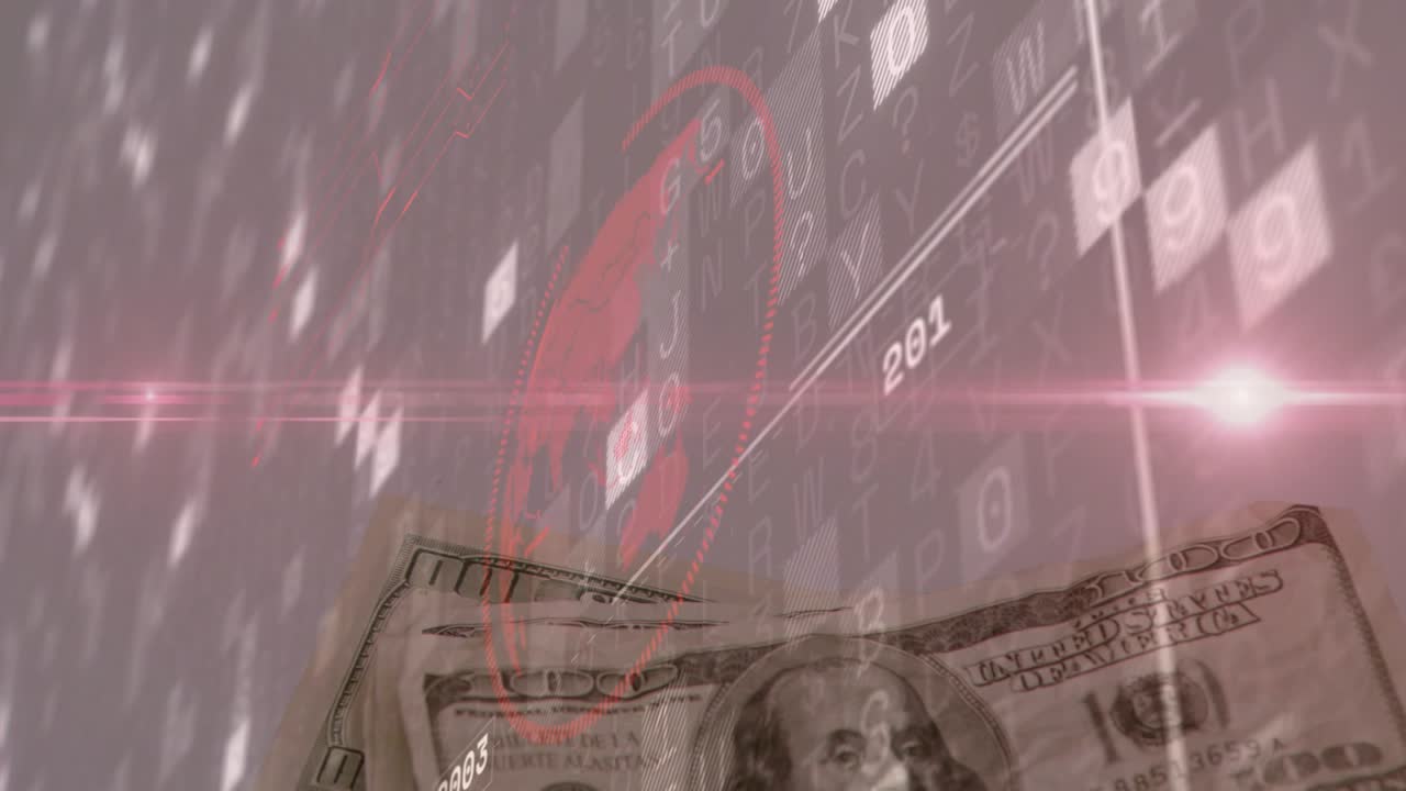 Bersaglio rosso che emerge, banconote da 100 dollari sgualcite che svaniscono e fluttuano, anni che lampeggiano, mostrando le tendenze.