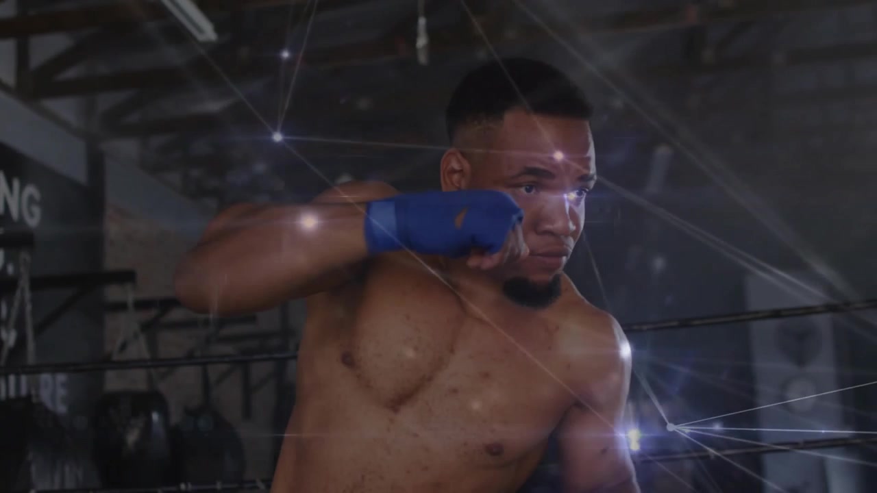 Boxer shifting stance in ring while network overlay mapping punches and guiding training
