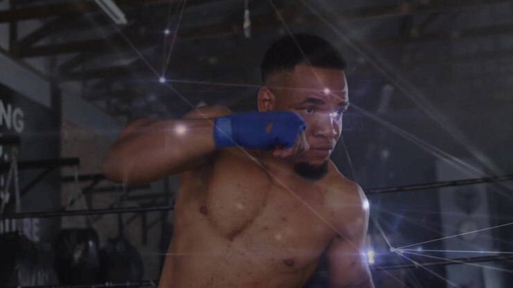 Boxer shifting stance in ring while network overlay mapping punches and guiding training