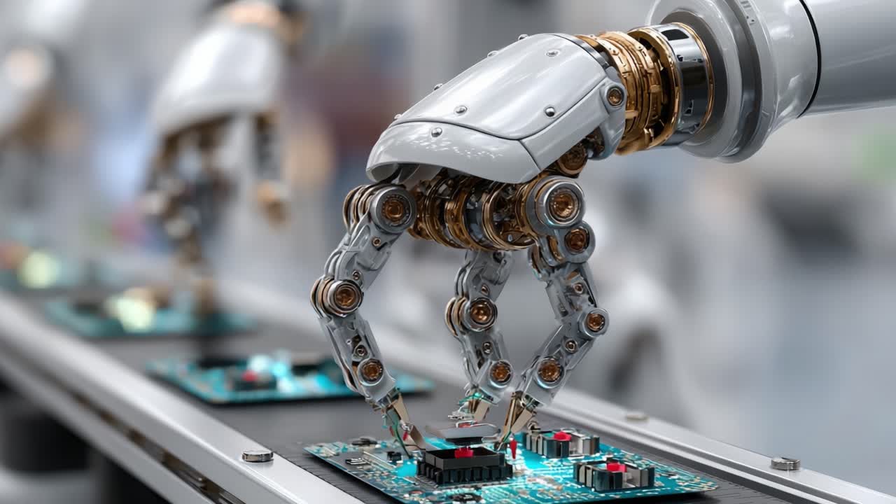 Avanceret robotarm manipulerer printplader i et højteknologisk produktionsmiljø med præcision og effektivitet til moderne elektronikproduktion.