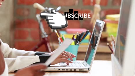 animation of subscribe and hand over hands of diverse women working on computers
