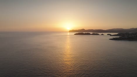 Aerial---golden-hour-sunset-over-Mediterranean-archipelago,-Mallorca