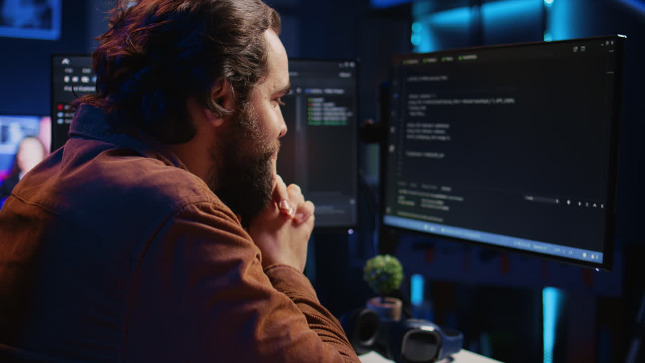 Software engineer concerned, concentrating on finding code bugs, close up