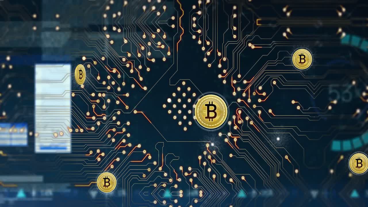 animación de procesamiento de datos y bitcoins en fondo azul