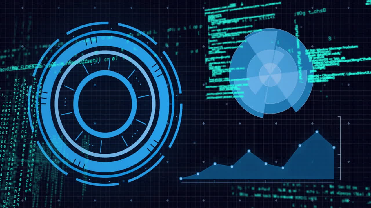 Animation of digital interface with circular graphics and data charts in background