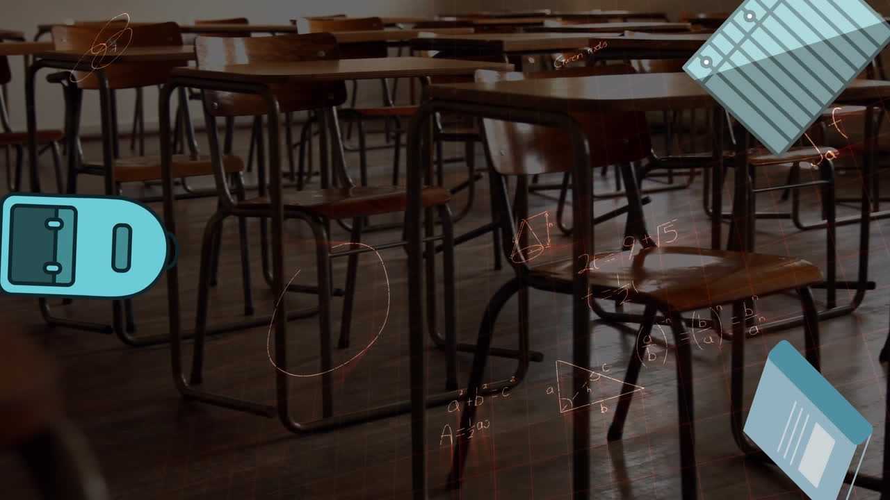 Animation of school items icons over empty classroom