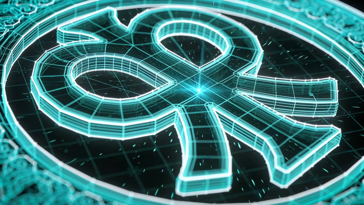 Medaglione a glifo ciano in wireframe che si rivela su una griglia, con luce centrale che si espande e bordo che luccica per l'ologramma.