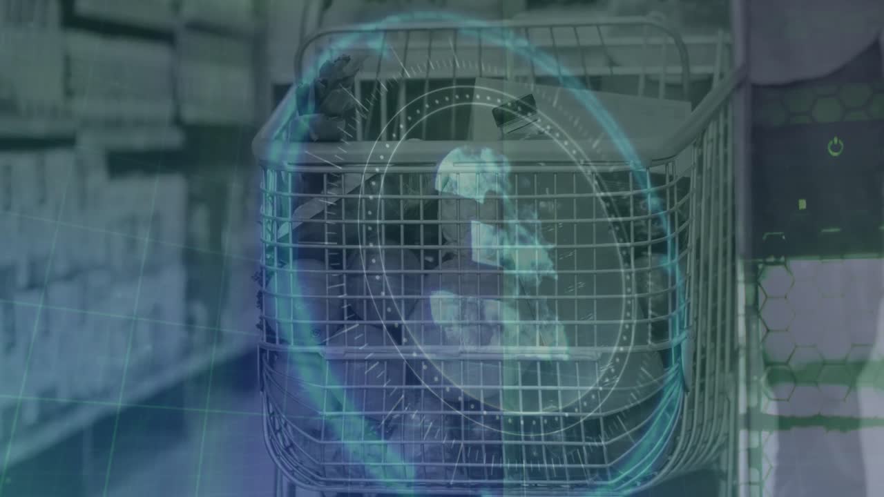 animación de datos y globo sobre el carrito del supermercado