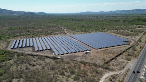 drone view of solar farm in dry climate, green energy generation and sustainability