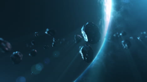 Animierte-3D-Ansicht-Des-Weltraums-Mit-Asteroiden,-Die-Sich-Der-Erde-Nähern