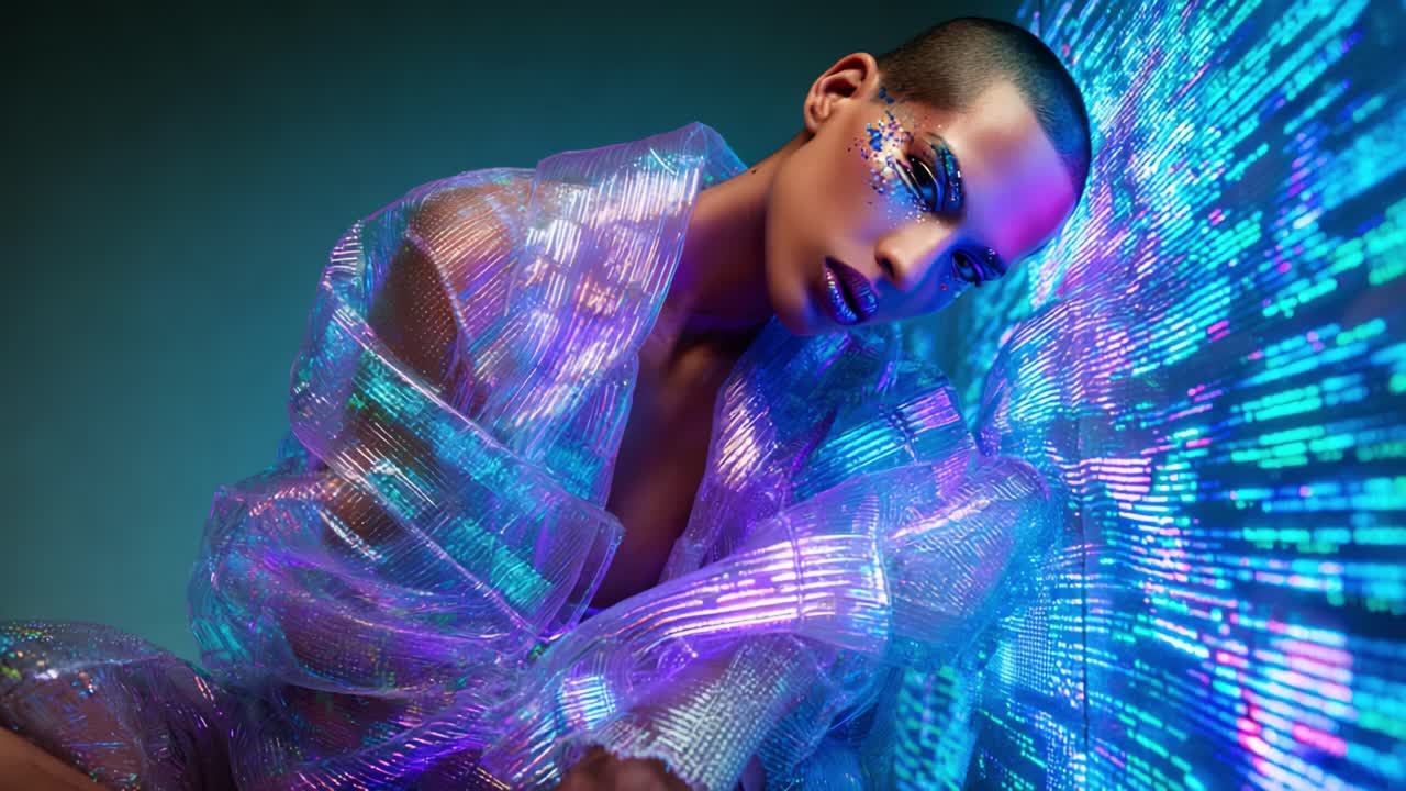 A captivating portrait of a bold, innovative fashion model adorned in a shimmering, transparent outfit, set against a vibrant digital backdrop that radiates mesmerizing colors and energy