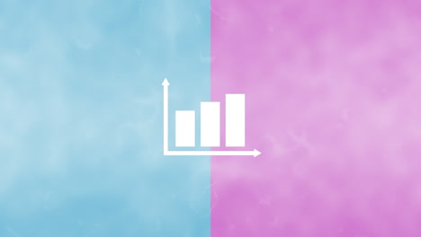 animation of simple white bar graph icon with arrow axis, on pink and blue background