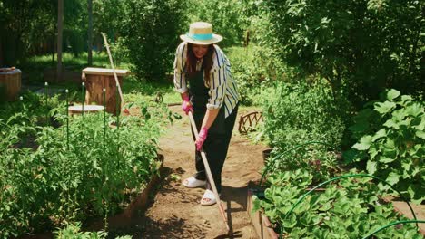 mujer jardinería en un jardín de verduras